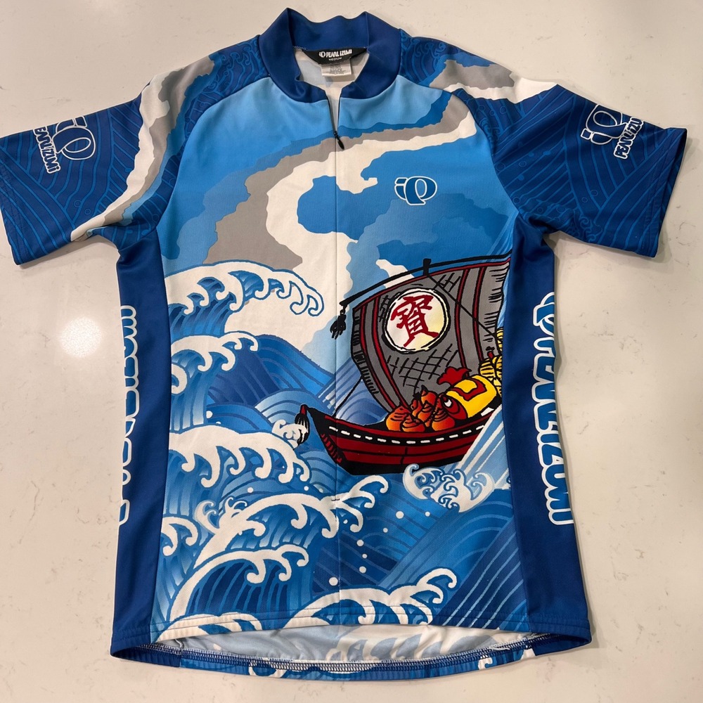 VTG. Pearl Izumi Great Wave Japanese Treasure Ship Cycling Jersey Blue Medium